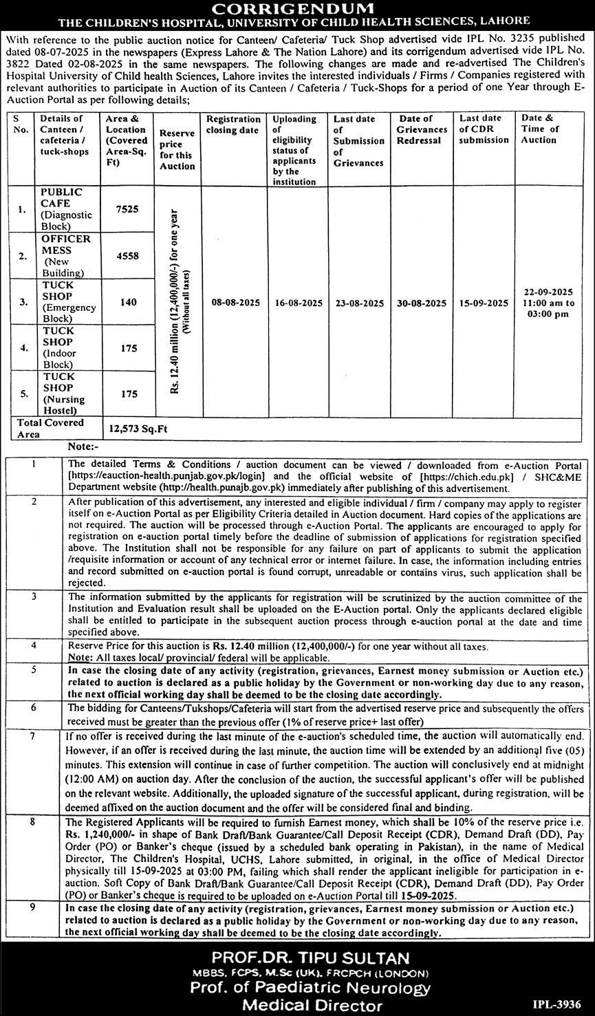 The Children Hospital Lahore Tender Notice
